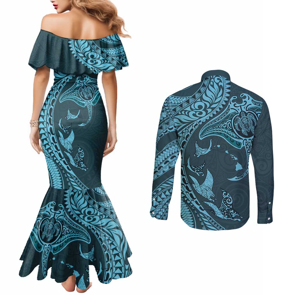 Hawaiian Manta Ray and Polynesian Tribal Tattoo Couples Matching Mermaid Dress and Long Sleeve Button Shirt Turquoise Color LT03