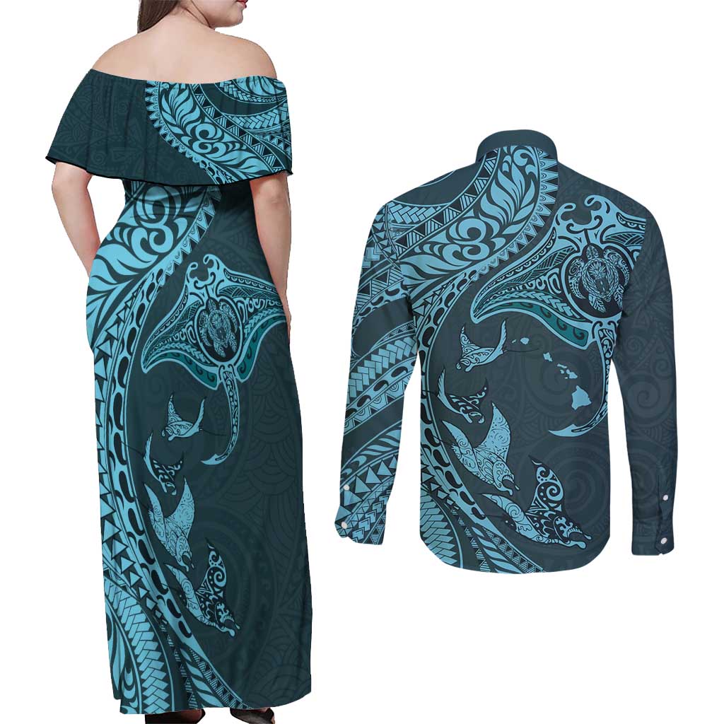 Hawaiian Manta Ray and Polynesian Tribal Tattoo Couples Matching Off Shoulder Maxi Dress and Long Sleeve Button Shirt Turquoise Color LT03