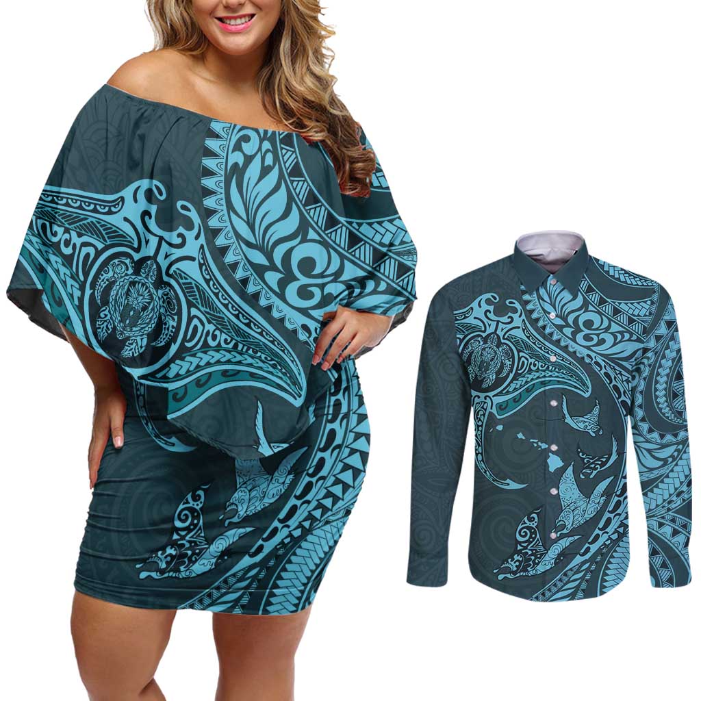 Hawaiian Manta Ray and Polynesian Tribal Tattoo Couples Matching Off Shoulder Short Dress and Long Sleeve Button Shirt Turquoise Color LT03