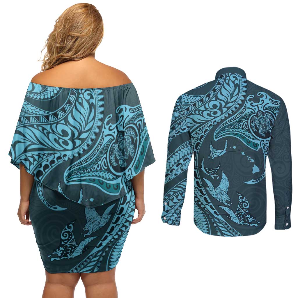 Hawaiian Manta Ray and Polynesian Tribal Tattoo Couples Matching Off Shoulder Short Dress and Long Sleeve Button Shirt Turquoise Color LT03