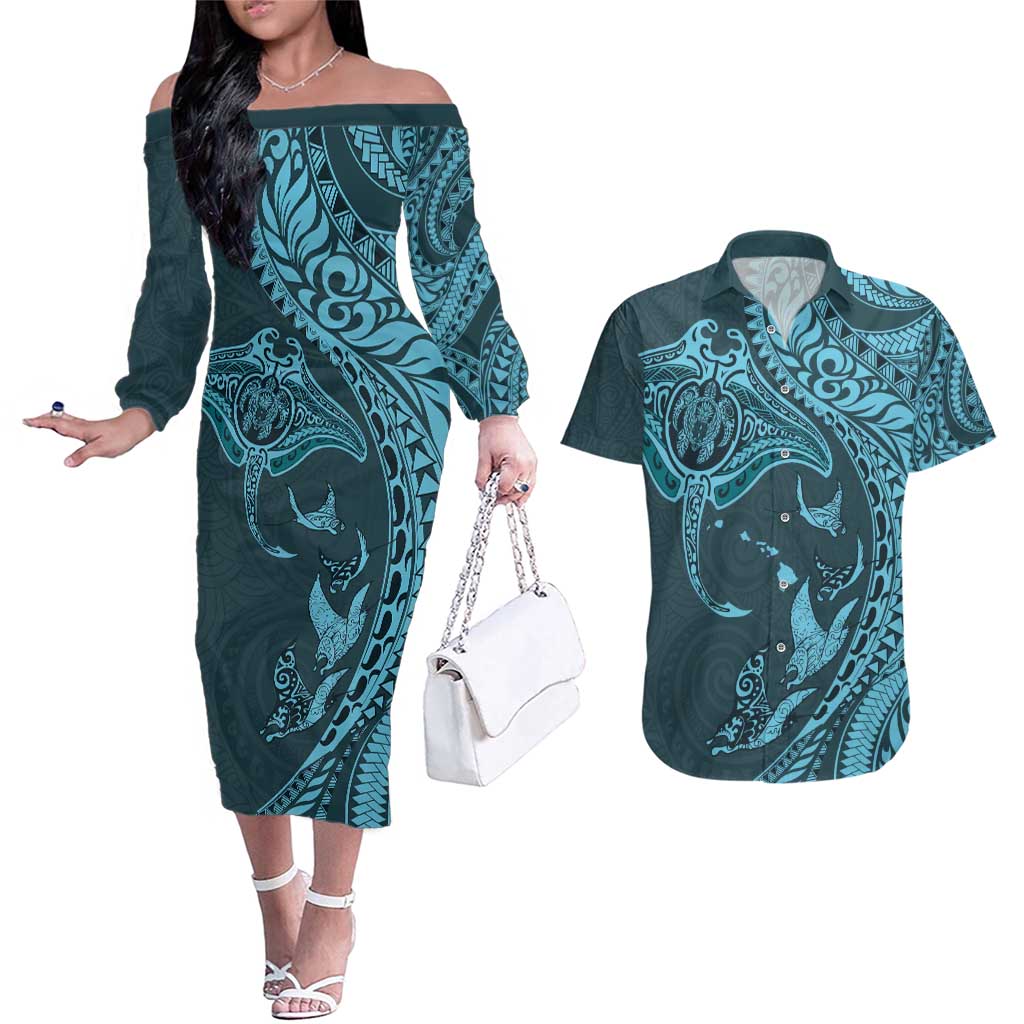 Hawaiian Manta Ray and Polynesian Tribal Tattoo Couples Matching Off The Shoulder Long Sleeve Dress and Hawaiian Shirt Turquoise Color LT03