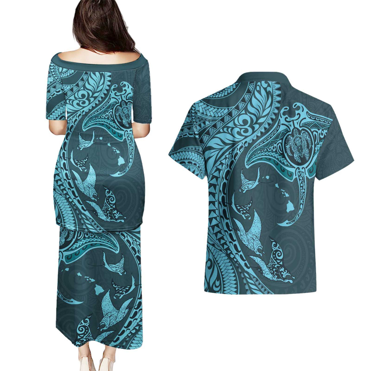 Hawaiian Manta Ray and Polynesian Tribal Tattoo Couples Matching Puletasi and Hawaiian Shirt Turquoise Color LT03 - Polynesian Pride