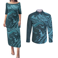 Hawaiian Manta Ray and Polynesian Tribal Tattoo Couples Matching Puletasi and Long Sleeve Button Shirt Turquoise Color LT03 Turquoise - Polynesian Pride