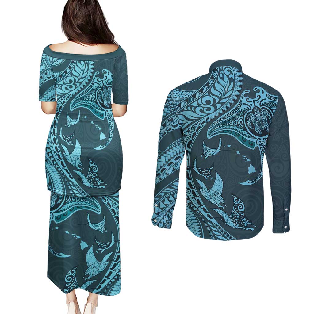Hawaiian Manta Ray and Polynesian Tribal Tattoo Couples Matching Puletasi and Long Sleeve Button Shirt Turquoise Color LT03 - Polynesian Pride