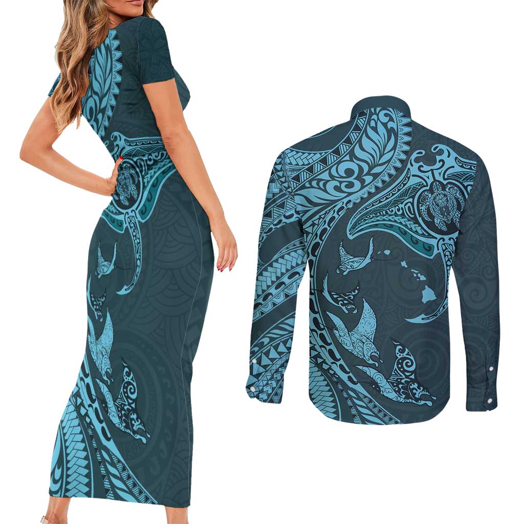 Hawaiian Manta Ray and Polynesian Tribal Tattoo Couples Matching Short Sleeve Bodycon Dress and Long Sleeve Button Shirt Turquoise Color LT03