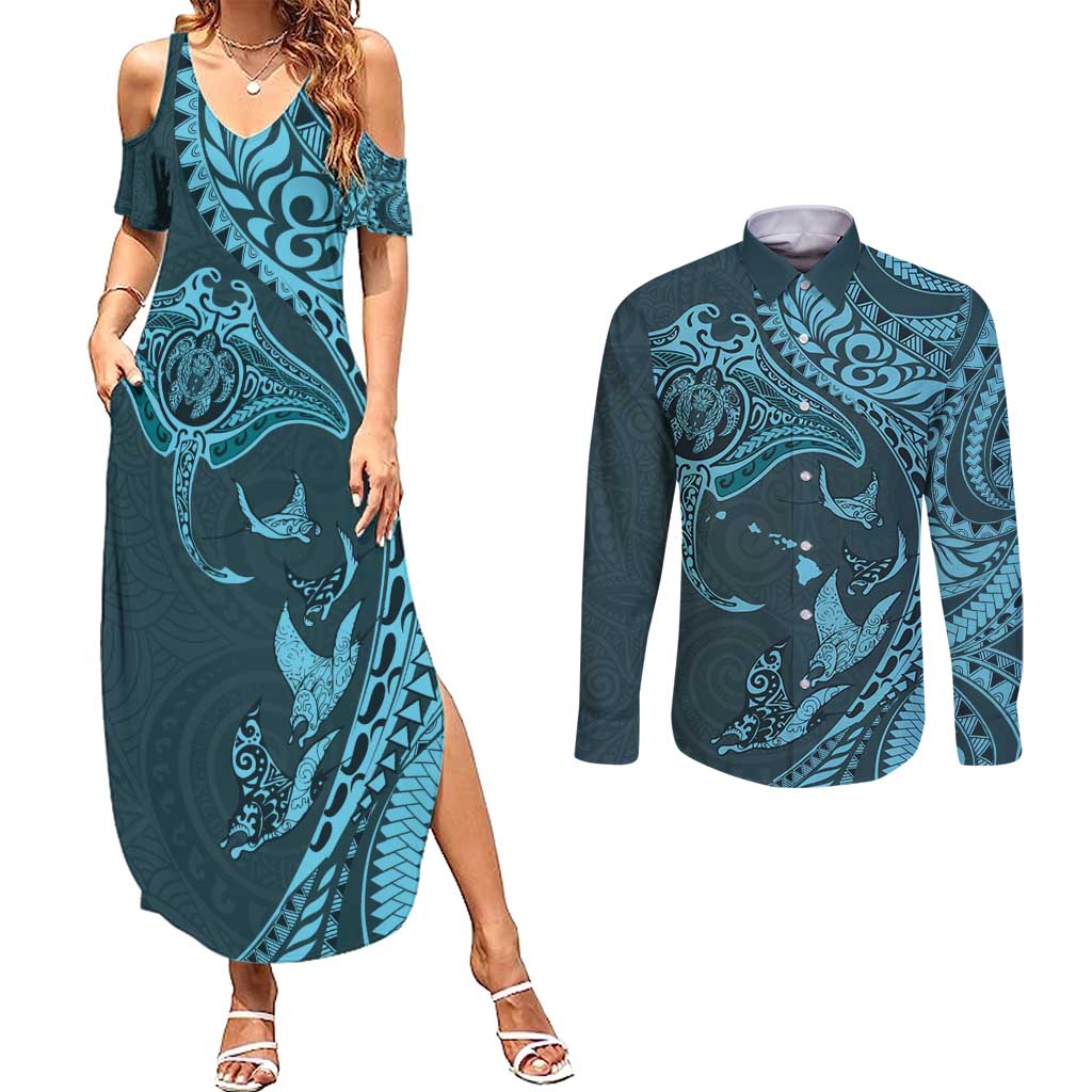 Hawaiian Manta Ray and Polynesian Tribal Tattoo Couples Matching Summer Maxi Dress and Long Sleeve Button Shirt Turquoise Color LT03