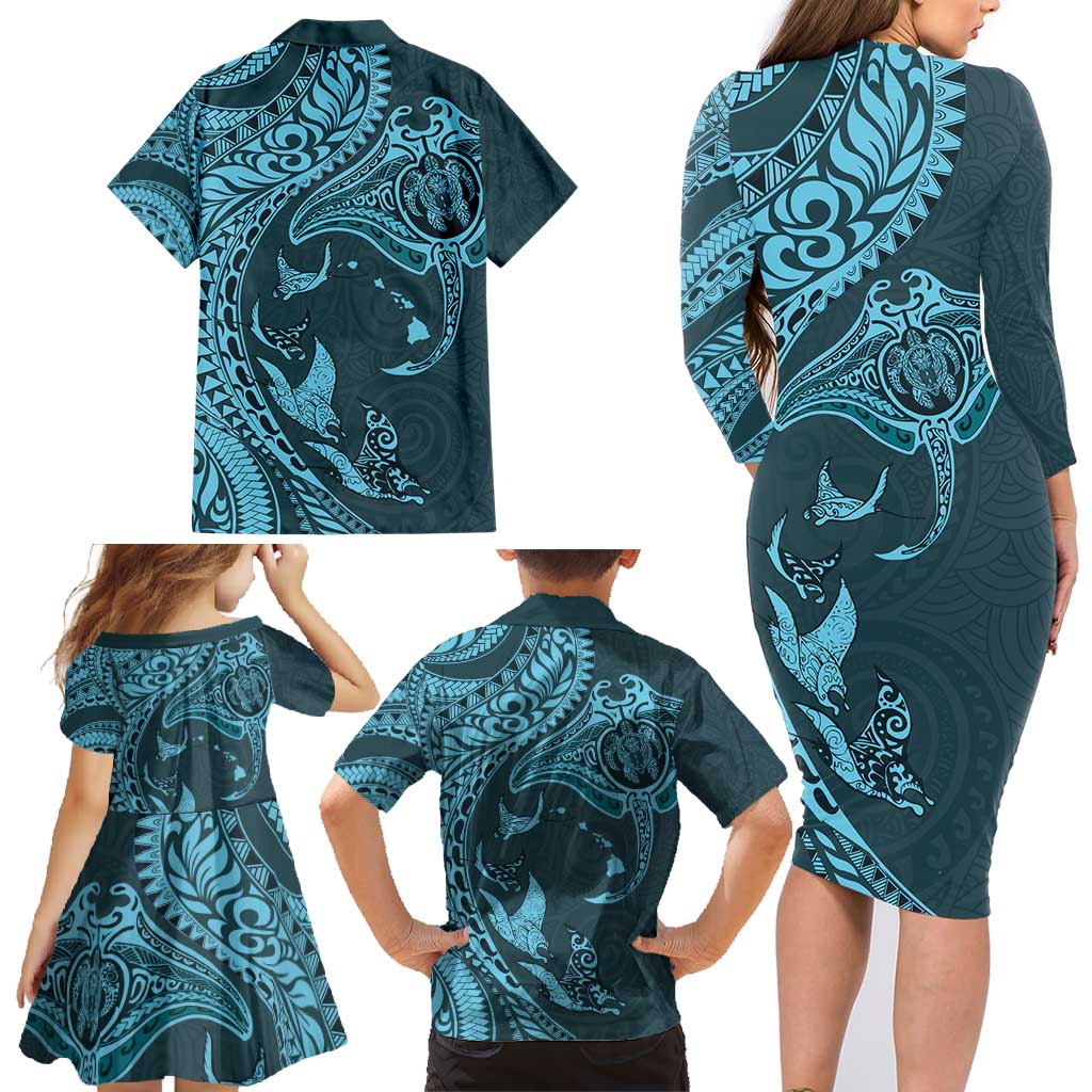 Hawaiian Manta Ray and Polynesian Tribal Tattoo Family Matching Long Sleeve Bodycon Dress and Hawaiian Shirt Turquoise Color LT03