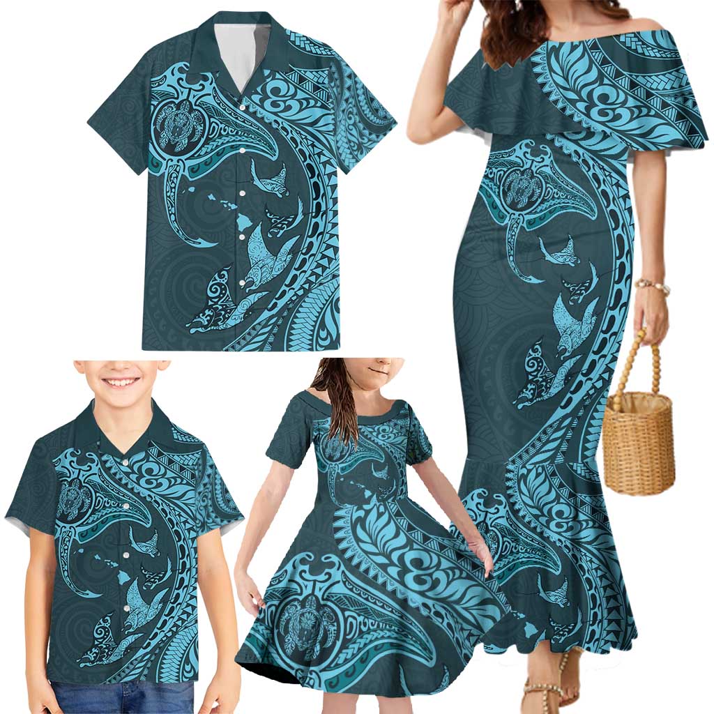 Hawaiian Manta Ray and Polynesian Tribal Tattoo Family Matching Mermaid Dress and Hawaiian Shirt Turquoise Color LT03