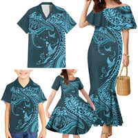 Hawaiian Manta Ray and Polynesian Tribal Tattoo Family Matching Mermaid Dress and Hawaiian Shirt Turquoise Color LT03 - Polynesian Pride