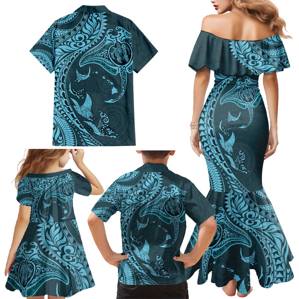 Hawaiian Manta Ray and Polynesian Tribal Tattoo Family Matching Mermaid Dress and Hawaiian Shirt Turquoise Color LT03 - Polynesian Pride