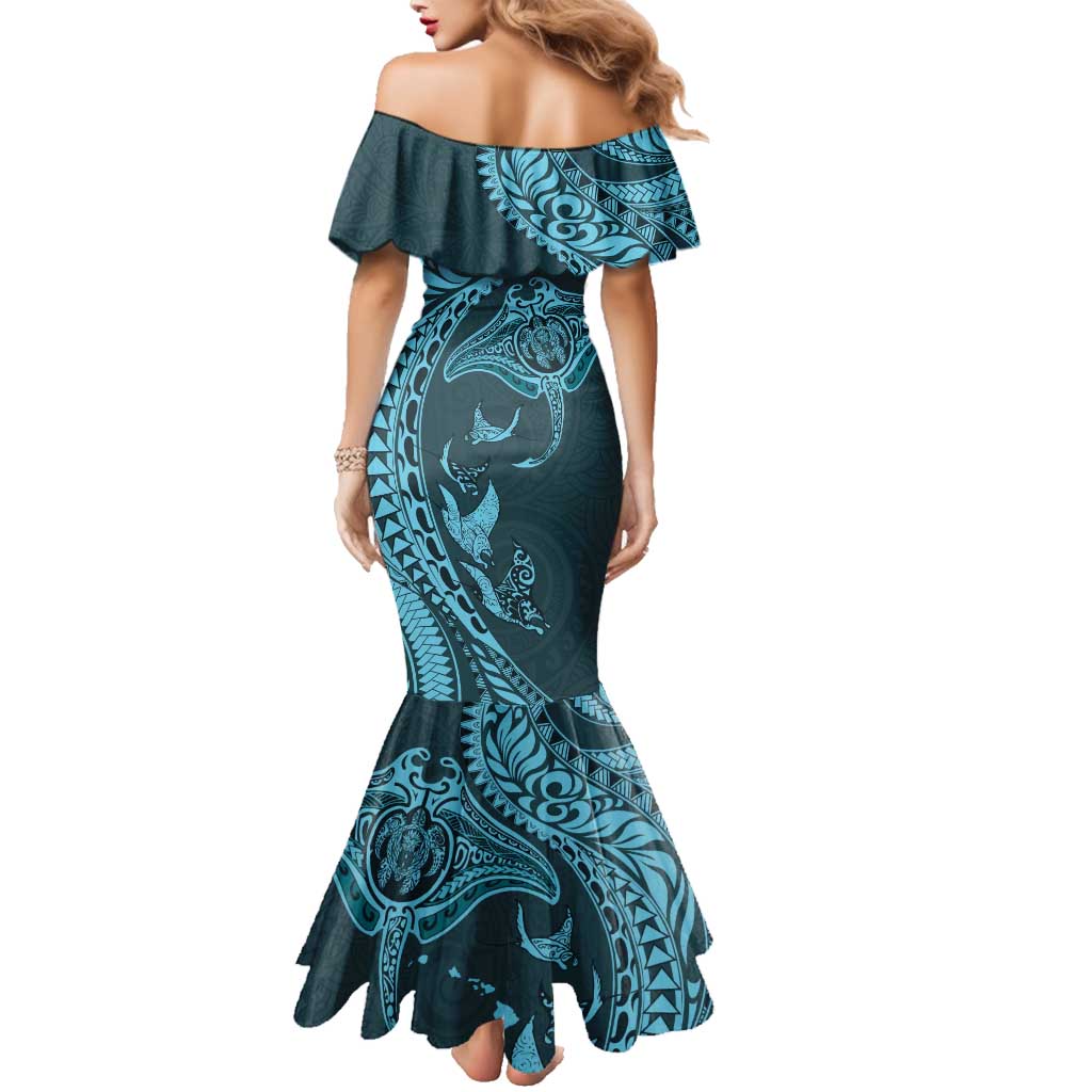 Hawaiian Manta Ray and Polynesian Tribal Tattoo Family Matching Mermaid Dress and Hawaiian Shirt Turquoise Color LT03 - Polynesian Pride