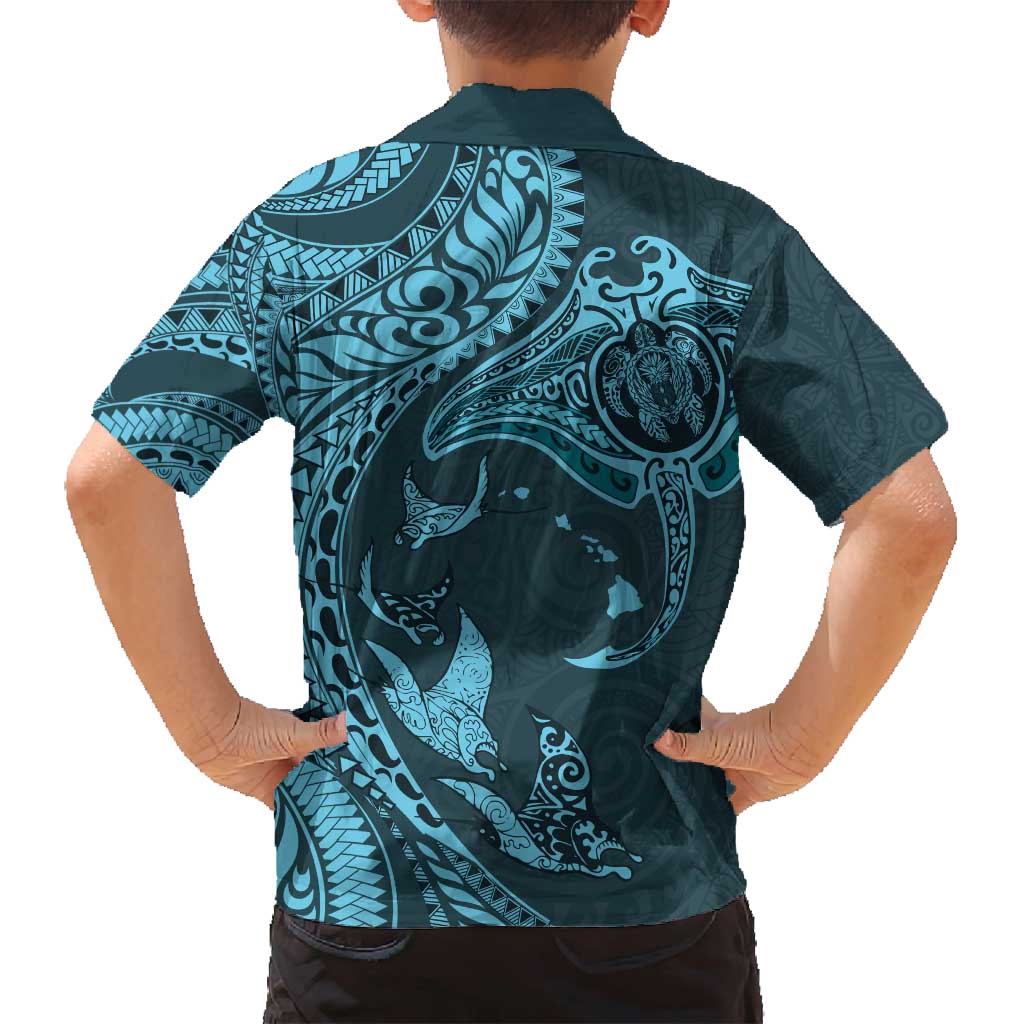 Hawaiian Manta Ray and Polynesian Tribal Tattoo Family Matching Off Shoulder Maxi Dress and Hawaiian Shirt Turquoise Color LT03 - Polynesian Pride