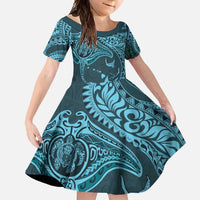 Hawaiian Manta Ray and Polynesian Tribal Tattoo Family Matching Off Shoulder Maxi Dress and Hawaiian Shirt Turquoise Color LT03 Daughter's Dress Turquoise - Polynesian Pride