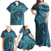 Hawaiian Manta Ray and Polynesian Tribal Tattoo Family Matching Off Shoulder Maxi Dress and Hawaiian Shirt Turquoise Color LT03 - Polynesian Pride