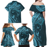 Hawaiian Manta Ray and Polynesian Tribal Tattoo Family Matching Off Shoulder Maxi Dress and Hawaiian Shirt Turquoise Color LT03 - Polynesian Pride