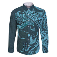 Hawaiian Manta Ray and Polynesian Tribal Tattoo Family Matching Off Shoulder Maxi Dress and Hawaiian Shirt Turquoise Color LT03 Dad's Shirt - Long Sleeve Turquoise - Polynesian Pride