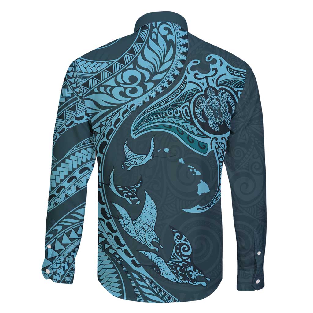 Hawaiian Manta Ray and Polynesian Tribal Tattoo Family Matching Off Shoulder Maxi Dress and Hawaiian Shirt Turquoise Color LT03 - Polynesian Pride