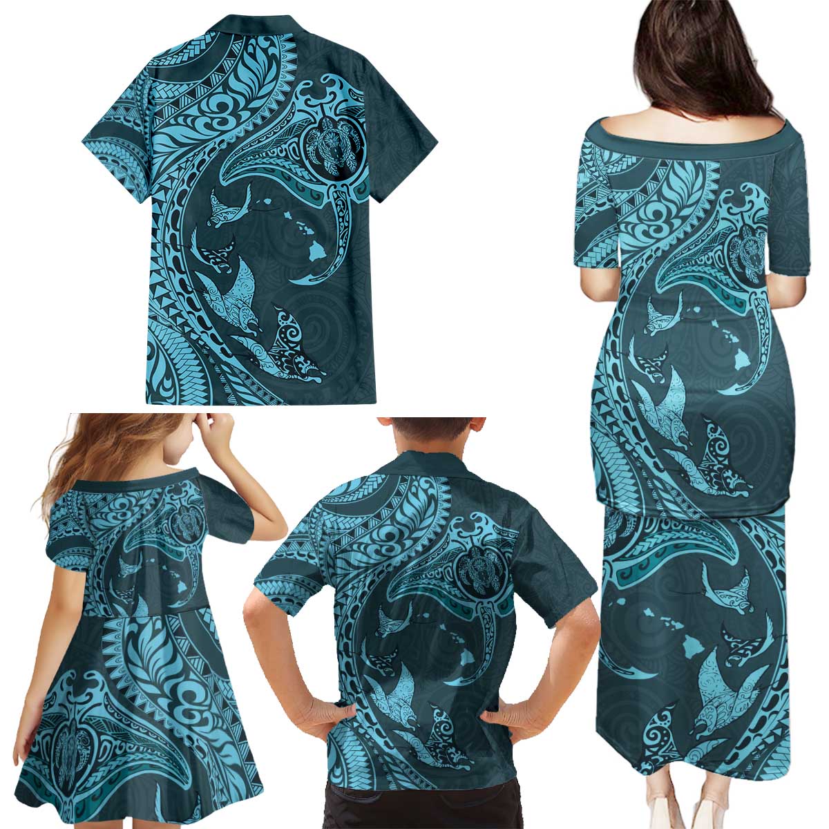 Hawaiian Manta Ray and Polynesian Tribal Tattoo Family Matching Puletasi and Hawaiian Shirt Turquoise Color LT03 - Polynesian Pride