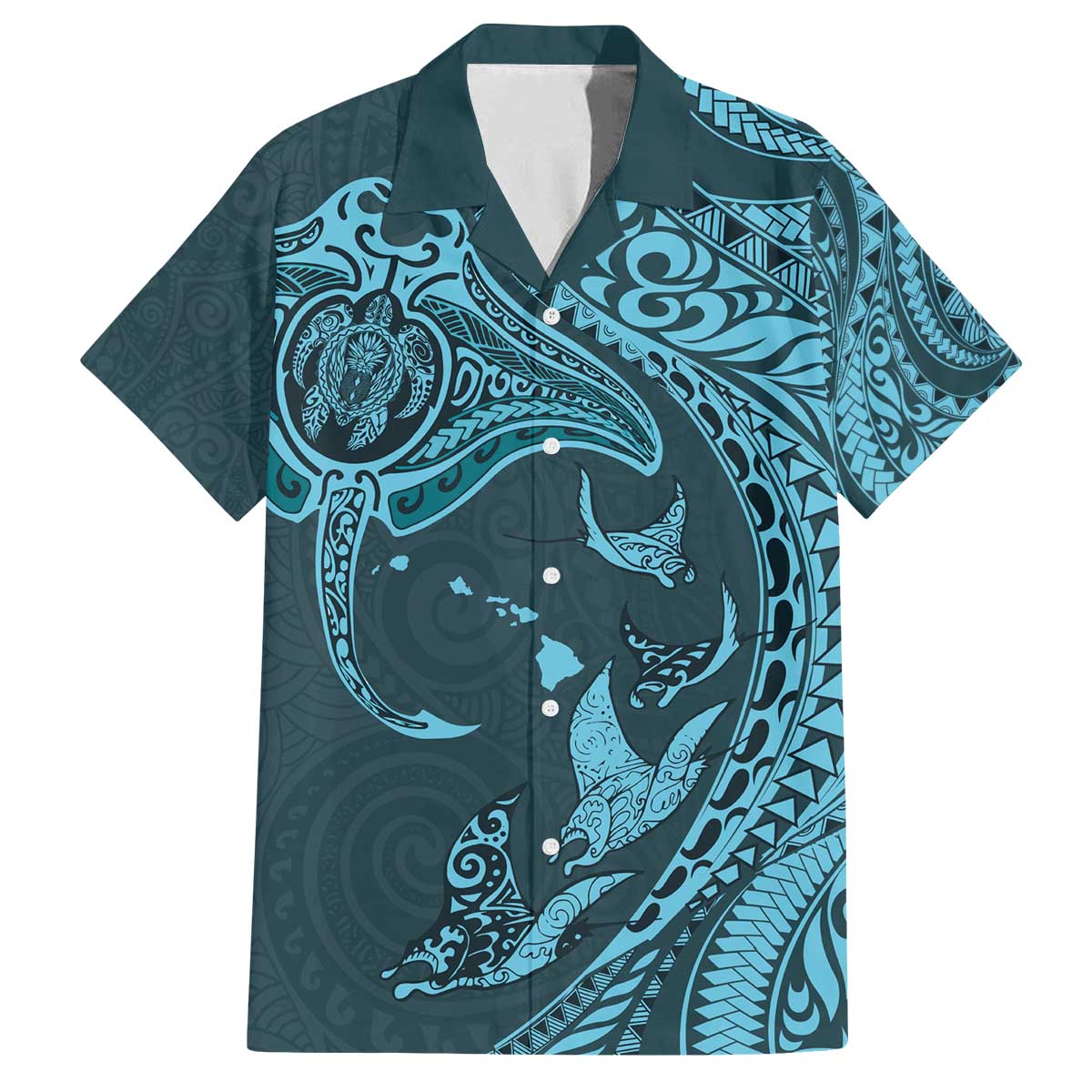 Hawaiian Manta Ray and Polynesian Tribal Tattoo Family Matching Puletasi and Hawaiian Shirt Turquoise Color LT03 Dad's Shirt - Short Sleeve Turquoise - Polynesian Pride
