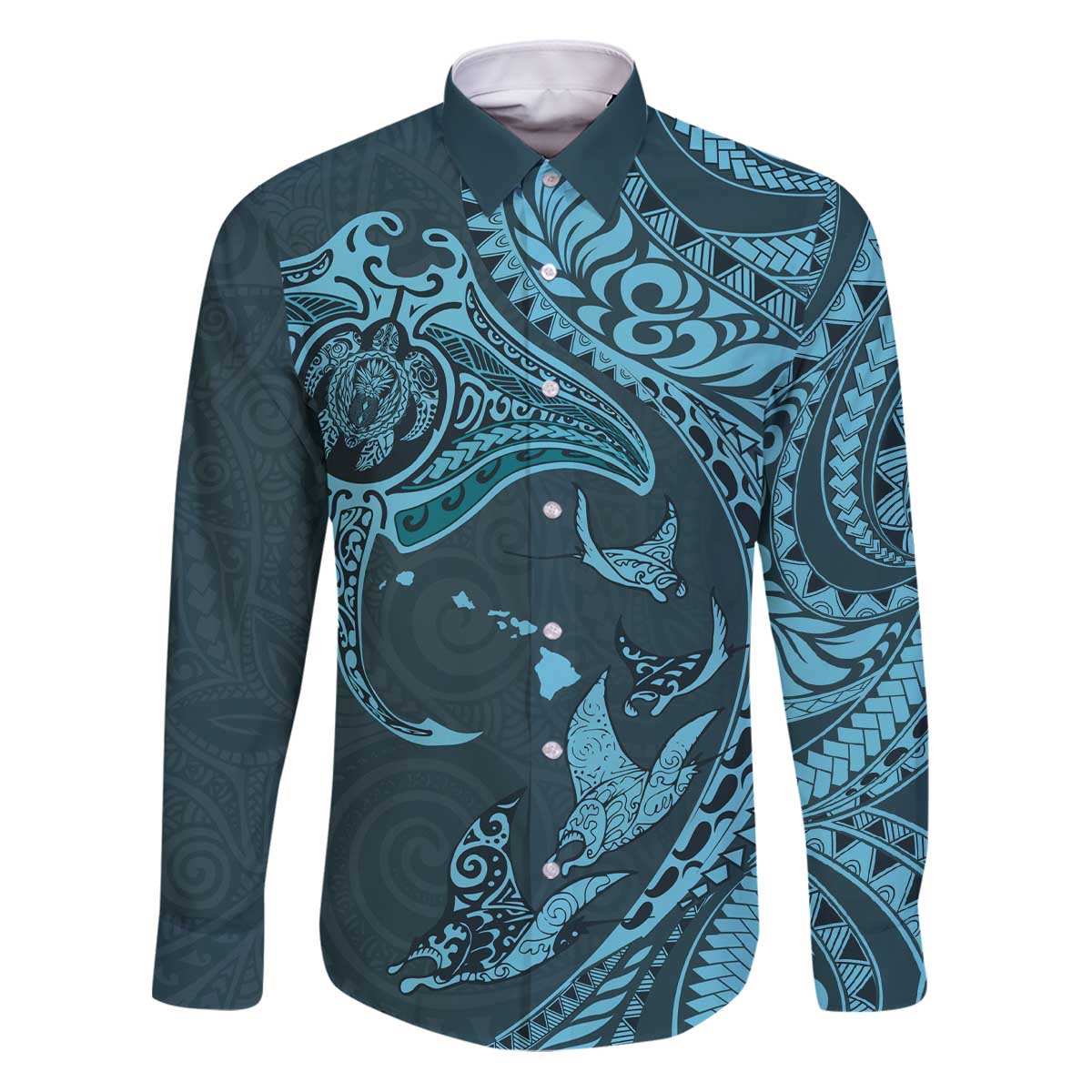 Hawaiian Manta Ray and Polynesian Tribal Tattoo Family Matching Puletasi and Hawaiian Shirt Turquoise Color LT03 Dad's Shirt - Long Sleeve Turquoise - Polynesian Pride