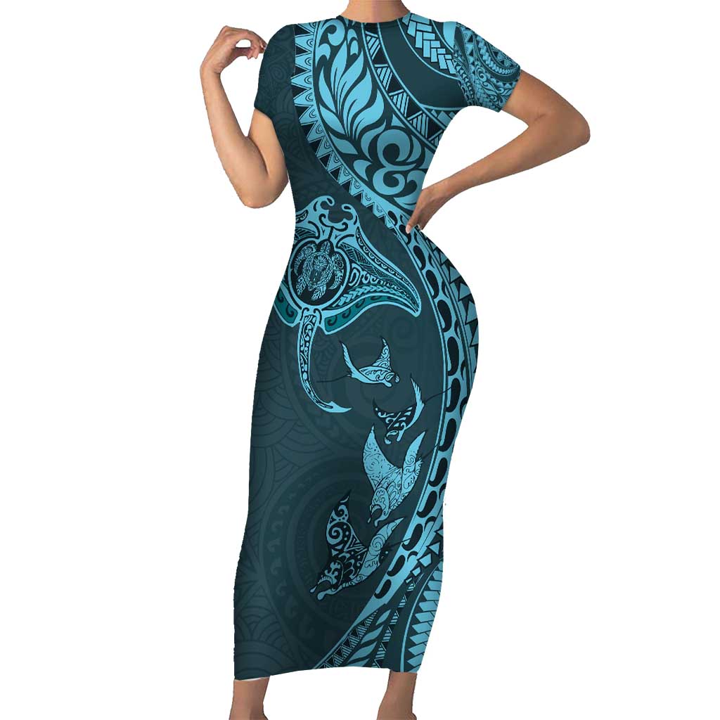 Hawaiian Manta Ray and Polynesian Tribal Tattoo Family Matching Short Sleeve Bodycon Dress and Hawaiian Shirt Turquoise Color LT03