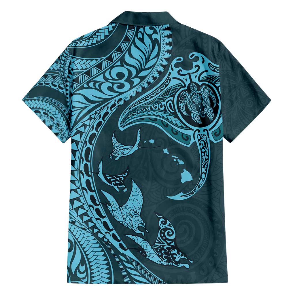 Hawaiian Manta Ray and Polynesian Tribal Tattoo Family Matching Summer Maxi Dress and Hawaiian Shirt Turquoise Color LT03