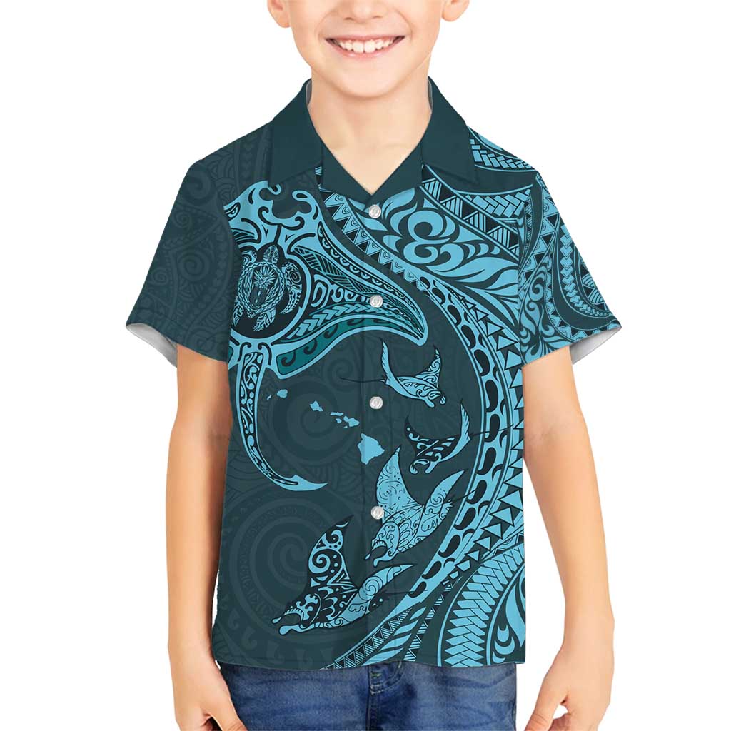 Hawaiian Manta Ray and Polynesian Tribal Tattoo Family Matching Summer Maxi Dress and Hawaiian Shirt Turquoise Color LT03