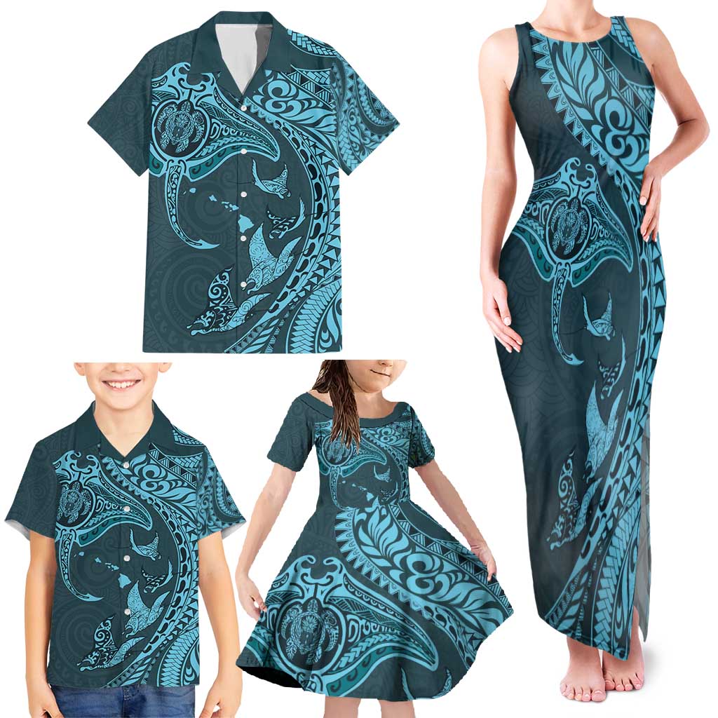 Hawaiian Manta Ray and Polynesian Tribal Tattoo Family Matching Tank Maxi Dress and Hawaiian Shirt Turquoise Color LT03 - Polynesian Pride