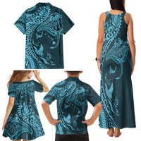 Hawaiian Manta Ray and Polynesian Tribal Tattoo Family Matching Tank Maxi Dress and Hawaiian Shirt Turquoise Color LT03 - Polynesian Pride
