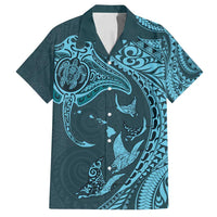 Hawaiian Manta Ray and Polynesian Tribal Tattoo Family Matching Tank Maxi Dress and Hawaiian Shirt Turquoise Color LT03 Dad's Shirt - Short Sleeve Turquoise - Polynesian Pride