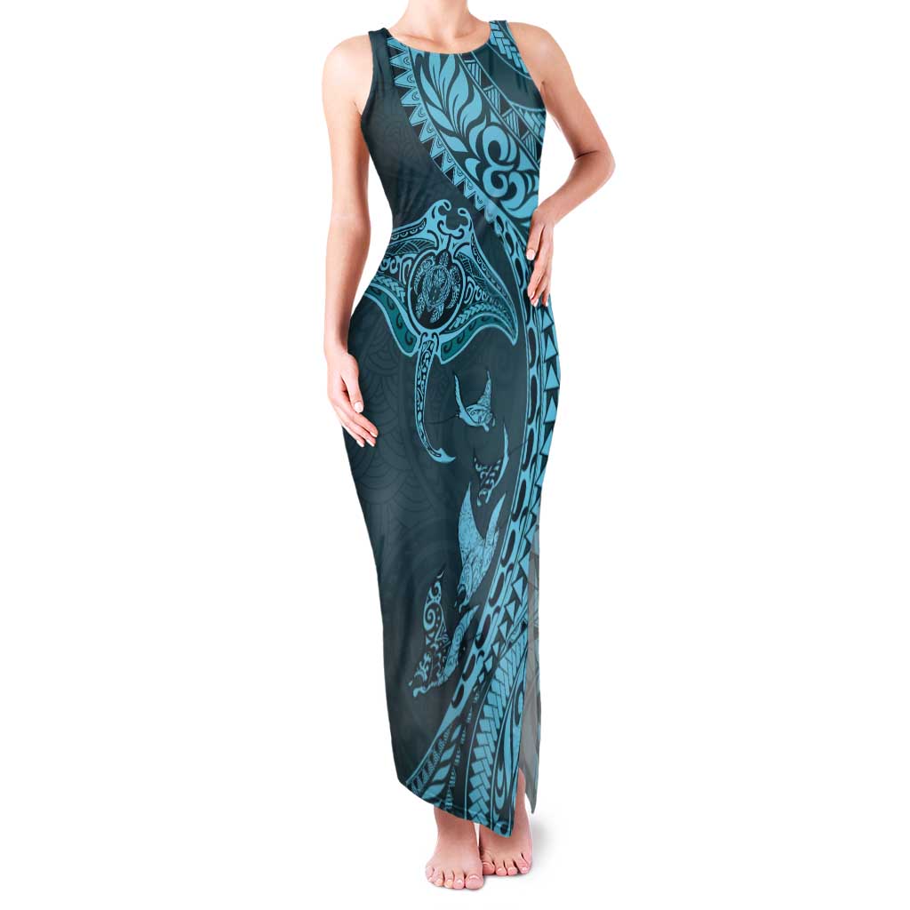 Hawaiian Manta Ray and Polynesian Tribal Tattoo Family Matching Tank Maxi Dress and Hawaiian Shirt Turquoise Color LT03 Mom's Dress Turquoise - Polynesian Pride