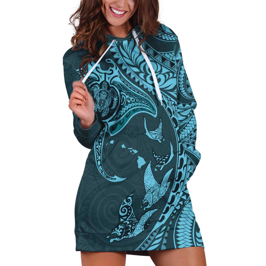 Hawaiian Manta Ray and Polynesian Tribal Tattoo Hoodie Dress Turquoise Color LT03 Turquoise - Polynesian Pride