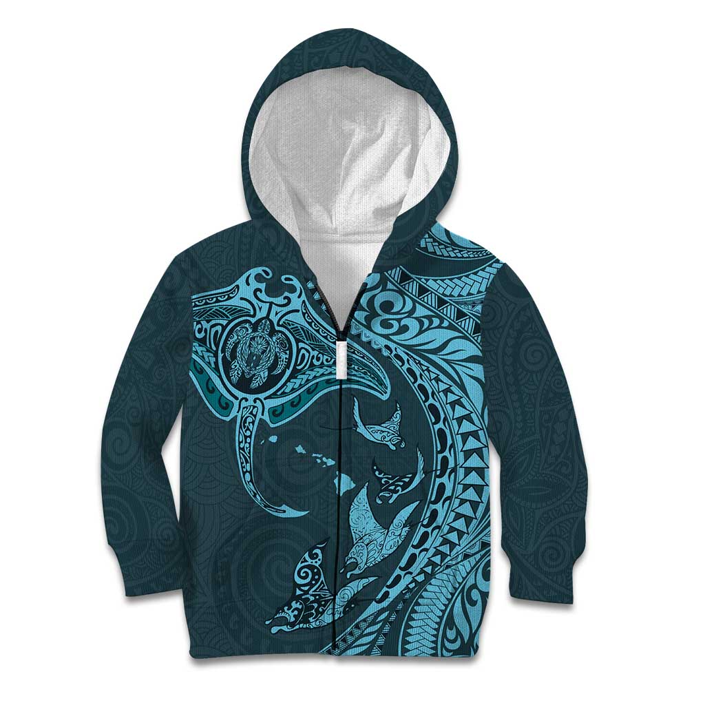Hawaiian Manta Ray and Polynesian Tribal Tattoo Kid Hoodie Turquoise Color LT03 Zip Hoodie Turquoise - Polynesian Pride