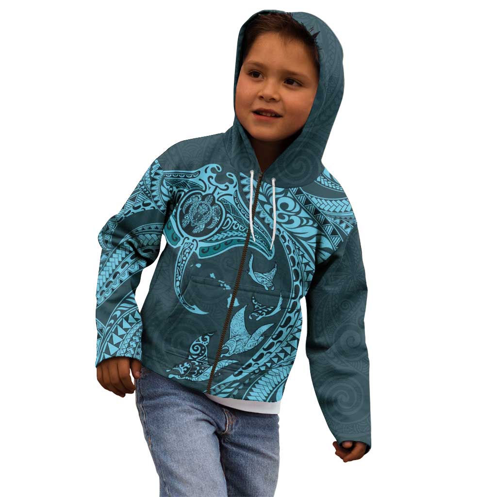 Hawaiian Manta Ray and Polynesian Tribal Tattoo Kid Hoodie Turquoise Color LT03 - Polynesian Pride