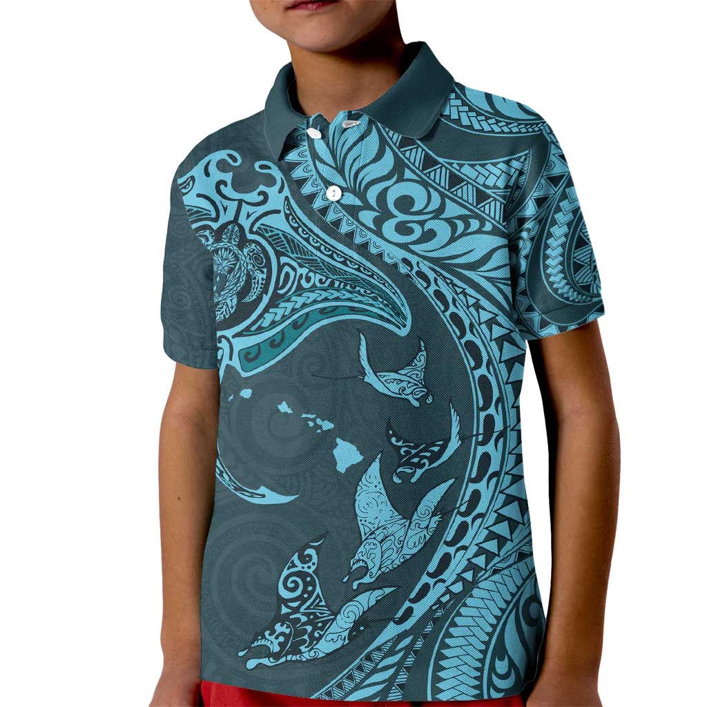 Hawaiian Manta Ray and Polynesian Tribal Tattoo Kid Polo Shirt Turquoise Color LT03 Kid Turquoise - Polynesian Pride