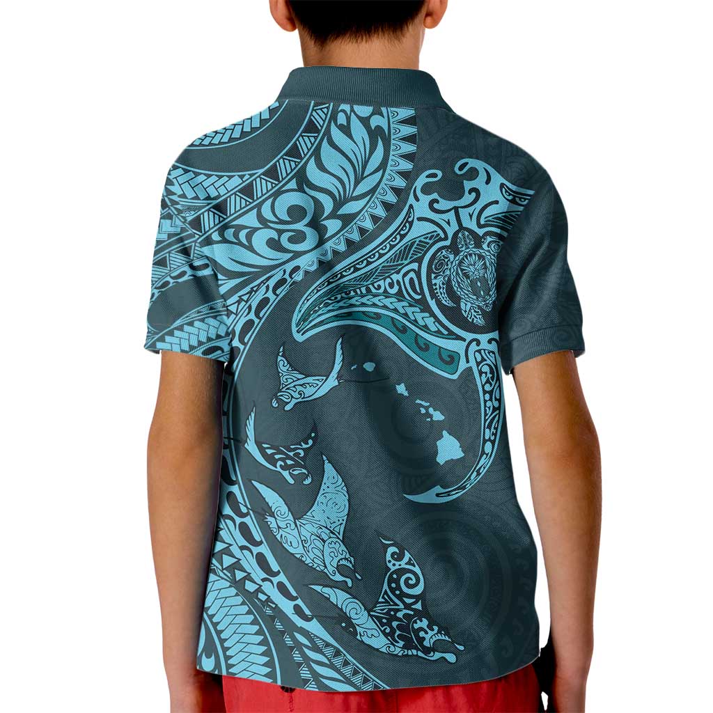 Hawaiian Manta Ray and Polynesian Tribal Tattoo Kid Polo Shirt Turquoise Color LT03 - Polynesian Pride
