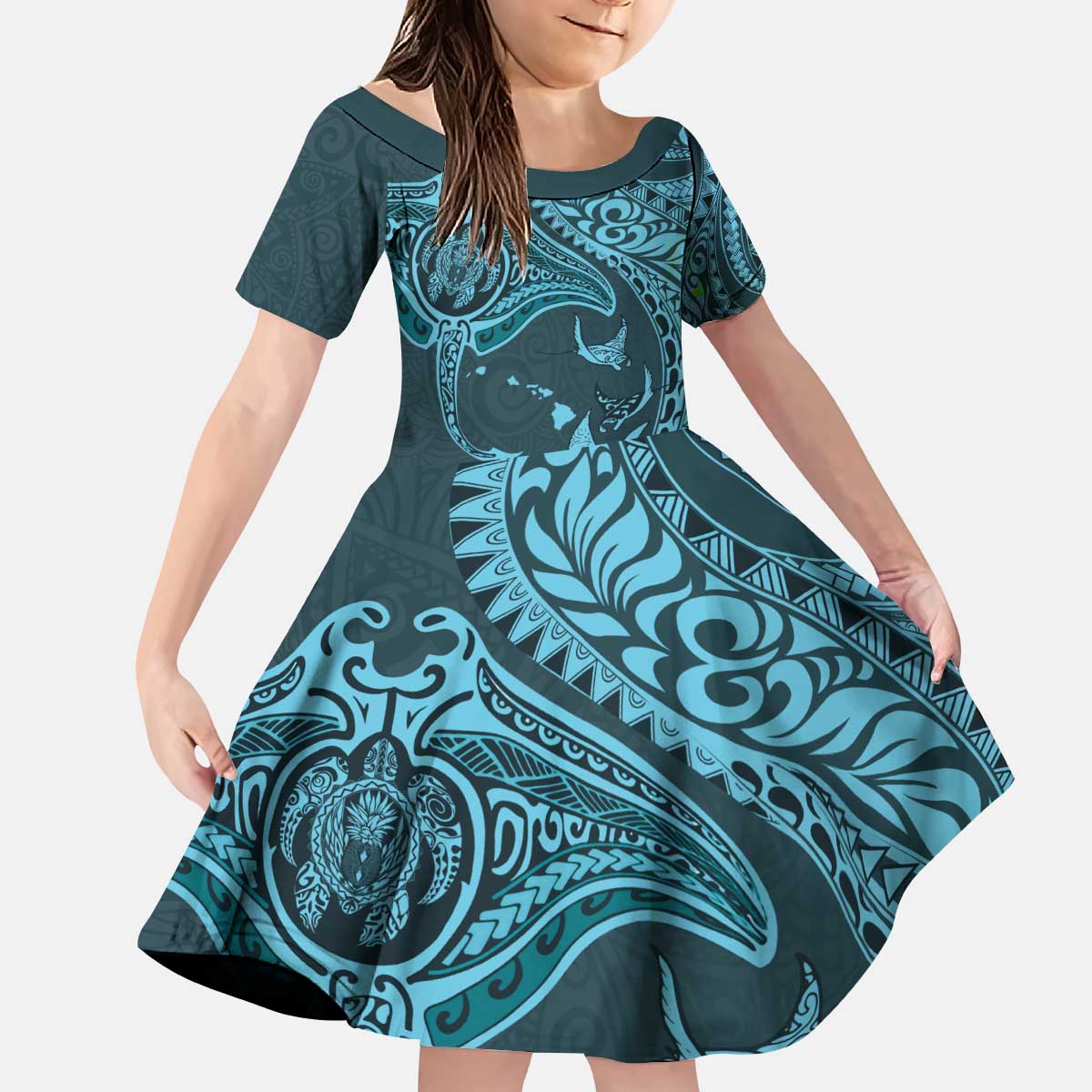 Hawaiian Manta Ray and Polynesian Tribal Tattoo Kid Short Sleeve Dress Turquoise Color LT03 KID Turquoise - Polynesian Pride