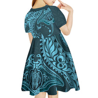 Hawaiian Manta Ray and Polynesian Tribal Tattoo Kid Short Sleeve Dress Turquoise Color LT03 - Polynesian Pride