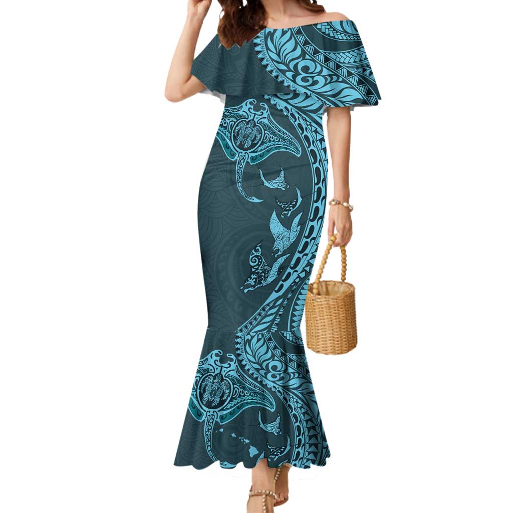 Hawaiian Manta Ray and Polynesian Tribal Tattoo Mermaid Dress Turquoise Color LT03 Women Turquoise - Polynesian Pride