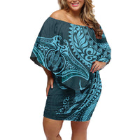 Hawaiian Manta Ray and Polynesian Tribal Tattoo Off Shoulder Short Dress Turquoise Color LT03 Women Turquoise - Polynesian Pride