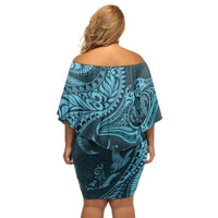 Hawaiian Manta Ray and Polynesian Tribal Tattoo Off Shoulder Short Dress Turquoise Color LT03 - Polynesian Pride