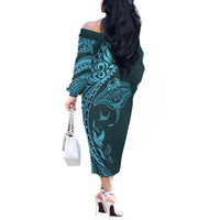 Hawaiian Manta Ray and Polynesian Tribal Tattoo Off The Shoulder Long Sleeve Dress Turquoise Color LT03 - Polynesian Pride