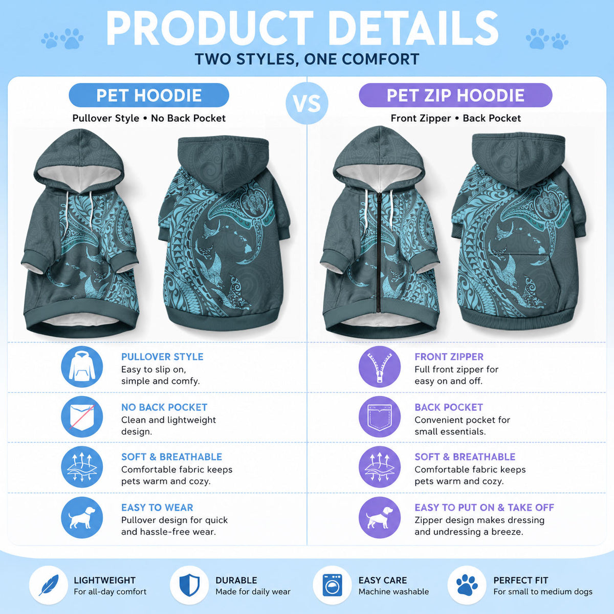 Hawaiian Manta Ray and Polynesian Tribal Tattoo Pet Hoodie