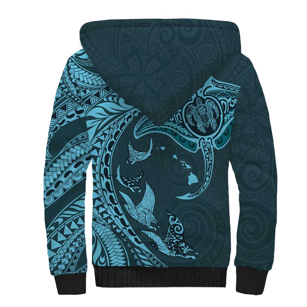 Hawaiian Manta Ray and Polynesian Tribal Tattoo Sherpa Hoodie Turquoise Color LT03 - Polynesian Pride