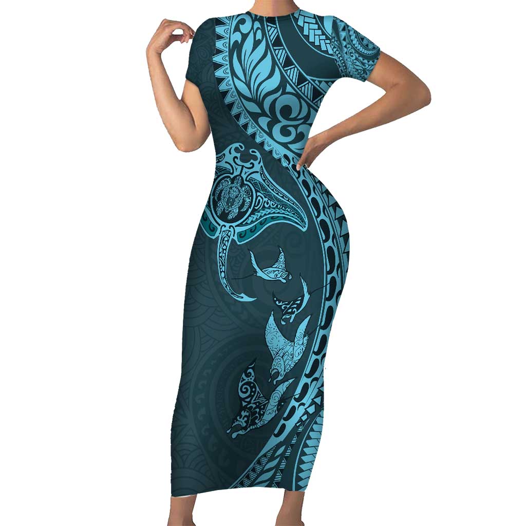 Hawaiian Manta Ray and Polynesian Tribal Tattoo Short Sleeve Bodycon Dress Turquoise Color LT03 Long Dress Turquoise - Polynesian Pride