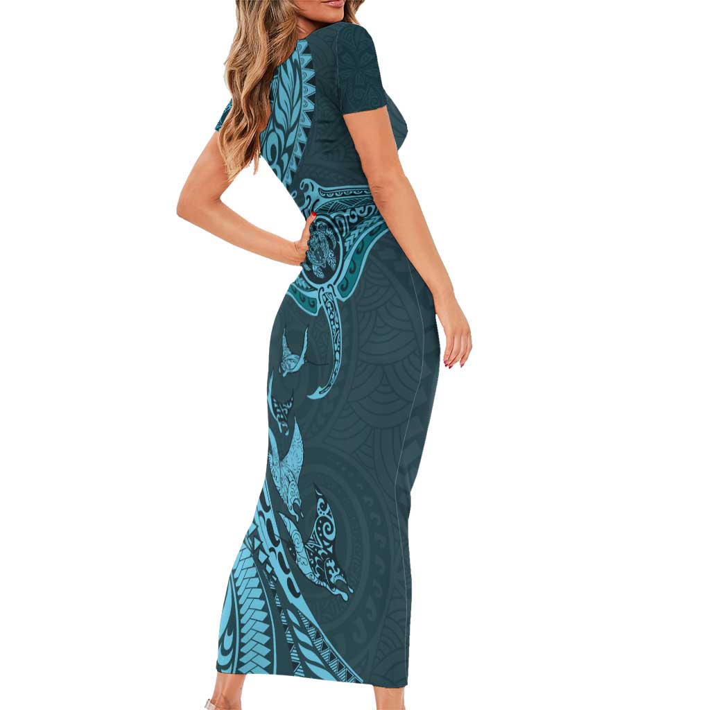 Hawaiian Manta Ray and Polynesian Tribal Tattoo Short Sleeve Bodycon Dress Turquoise Color LT03 - Polynesian Pride