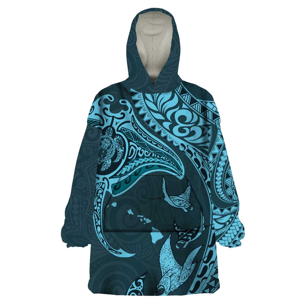 Hawaiian Manta Ray and Polynesian Tribal Tattoo Wearable Blanket Hoodie Turquoise Color LT03 One Size Turquoise - Polynesian Pride