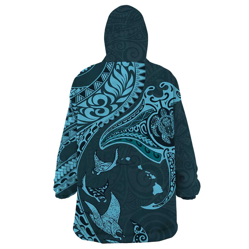 Hawaiian Manta Ray and Polynesian Tribal Tattoo Wearable Blanket Hoodie Turquoise Color LT03 - Polynesian Pride