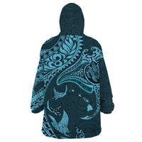 Hawaiian Manta Ray and Polynesian Tribal Tattoo Wearable Blanket Hoodie Turquoise Color LT03 - Polynesian Pride