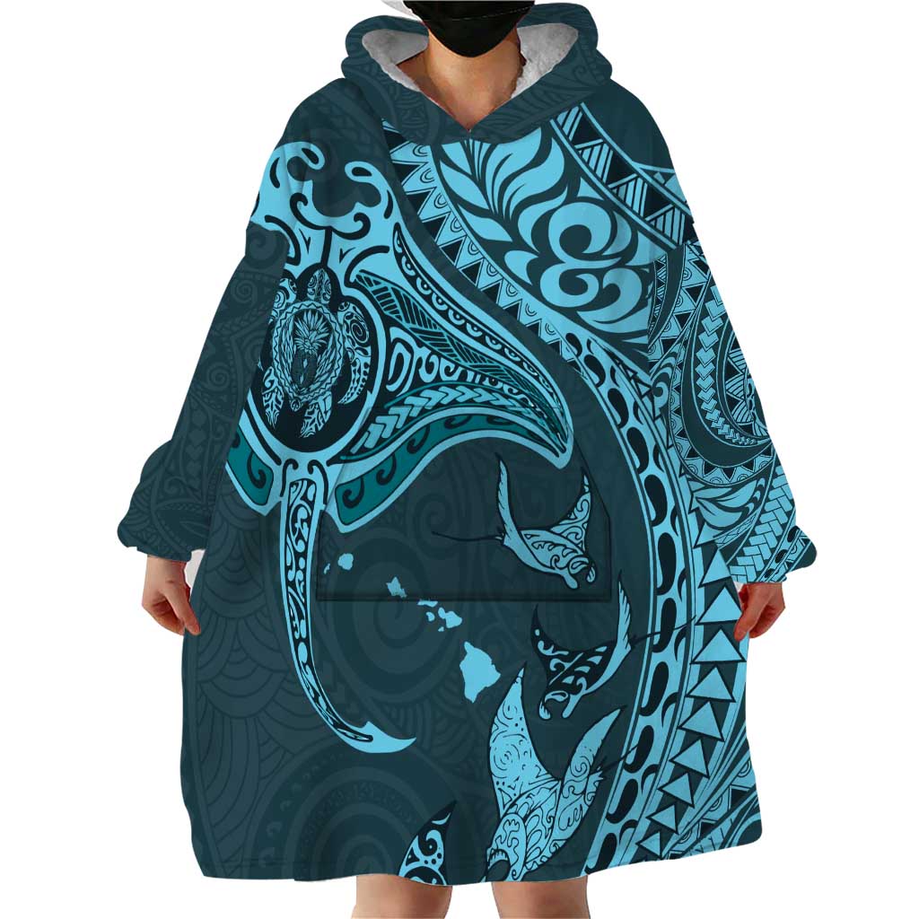 Hawaiian Manta Ray and Polynesian Tribal Tattoo Wearable Blanket Hoodie Turquoise Color LT03 - Polynesian Pride